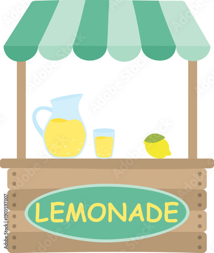 Lemonade stand with fresh juice and lemon. Illustration of wooden shop with drink