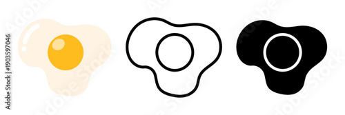 白身と黄身が分かれた目玉焼き料理アイコン3種セット｜カラー・線画・黒ベタで使えるシンプルなフラット透過ベクター素材/Fried Egg Food Icon Set with Clear White and Yolk | Color, Outline and Solid Flat Vector Illustration on Transparent Background
