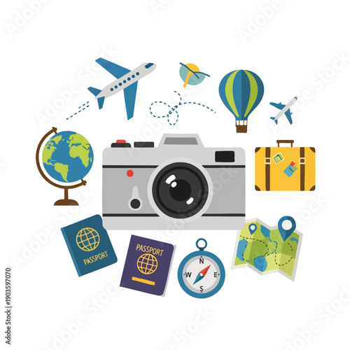 Travel and Tourism Concept with Camera and Accessories