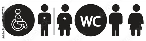 Public toilet icons for men and women. Wheelchair access for people with disabilities, toilet directions, toilet signs, toilet sign collection, vector illustrations.