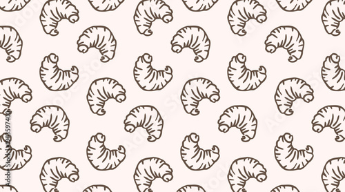 Croissant doodle seamless pattern. Hand drawn vector background with French pastry for bakery menu, cafe decor and food packaging. Cute breakfast sketch wallpaper. Minimalist bakery shop branding.
