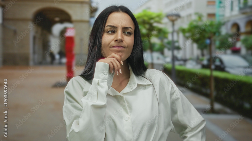 Fototapeta premium Woman in white shirt stands puzzled on a busy city street with her arms raised, conveying confusion and uncertainty outdoors in an urban setting.