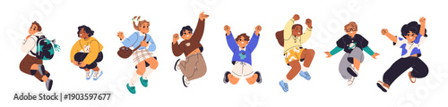 Cute kids are jumping for joy set. Happy children leap in the air, hands up and rejoice. Funny little girls and boys have fun and celebrate winning. Flat isolated vector illustrations on white.
