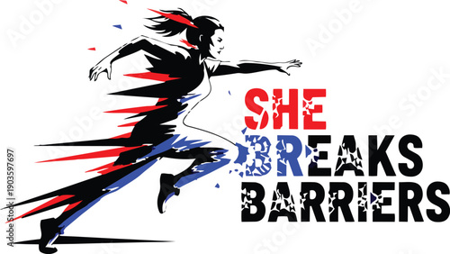 Dynamic silhouette of a woman breaking barriers