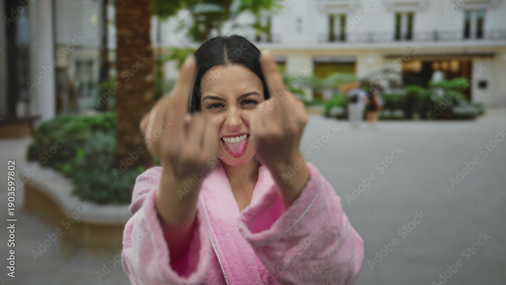 Fototapeta premium Hispanic woman in pink robe making a rude gesture with both middle fingers in an urban city street setting.