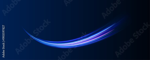 Blue neon streaks curve dynamically across a night cityscape. Motion blur and glowing highlights emphasize futuristic speed and energy flow. Perfect for tech artwork.
