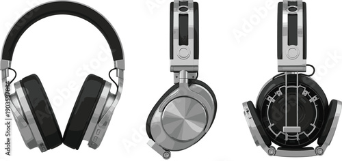 Professional Wireless Over Ear Headphones Vector Illustration Set with Sleek Silver and Black Metallic Finishes and Foldable Design for High Fidelity Audio Equipment Marketing