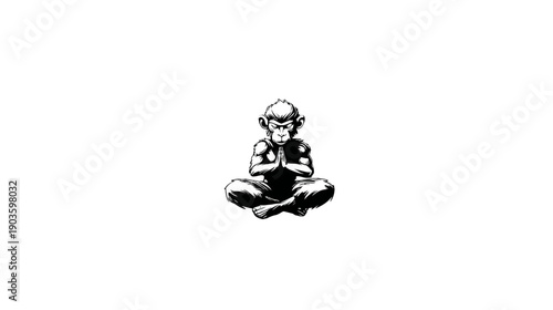Black and white illustration of a stylized monkey or ape meditating in a peaceful, spiritual pose, symbolizing wisdom and mindfulness.