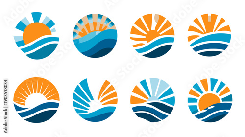 Stylized sun and ocean wave logos in circular designs. Vector graphics for summer, beach, travel, tropical themes, sunrise, sunset icons.