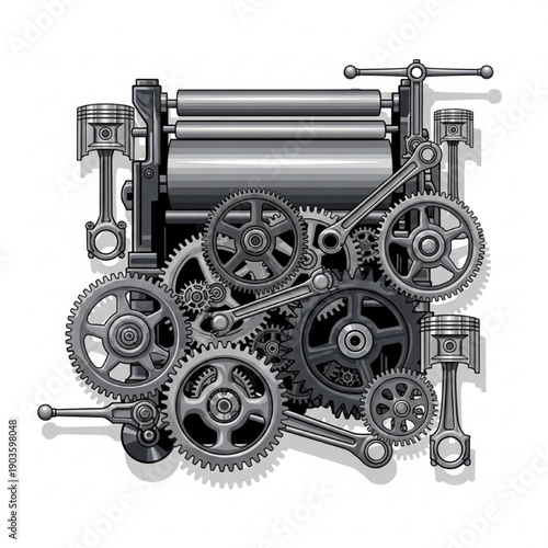 Classic Printing Press Vector Illustration, Gears, Rollers, Mechanical Parts, Industrial Design, Geometric Line Art