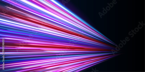 Red, blue and pink neon streaks curve dynamically along a dark city highway. Motion blur and glowing highlights convey rapid energy flow. Perfect PNG for cyberpunk visuals.