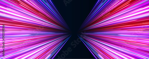 Red, pink and blue curved neon streaks sweep across a dark digital highway. Motion blur and highlights convey rapid energy flow and futuristic motion. Perfect PNG for sci-fi banners.