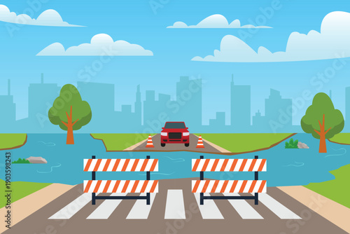 Flood Damaged Road with Section Washed Away, Traffic Barricades, and Car Stranded near City Skyline 2d flat vector illustration