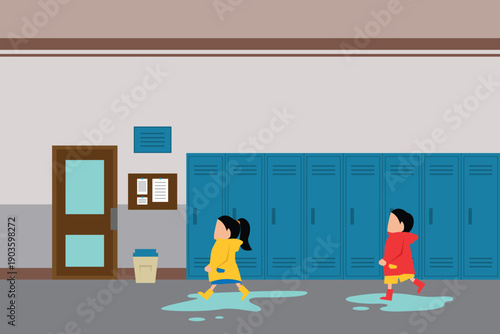 Children in Raincoats Walking Through School Hallway with Blue Lockers and Puddles 2d flat vector illustration