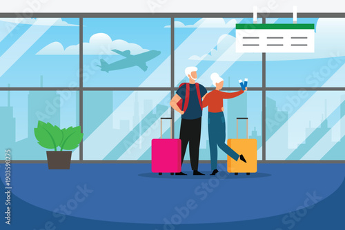 Senior Couple Traveling with Suitcases at Airport Terminal Ready for Vacation Flight 2d flat vector illustration
