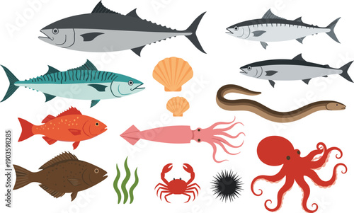 Seafood and Saltwater Fish Vector Icon Set Featuring Tuna Mackerel Salmon Octopus Squid Crab Sea Urchin and Shellfish for Restaurant Menu and Fish Market Graphic Designs