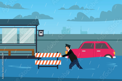 Police Officer Placing Barrier on Flooded City Street with Submerged Car and Bus Stop 2d flat vector illustration