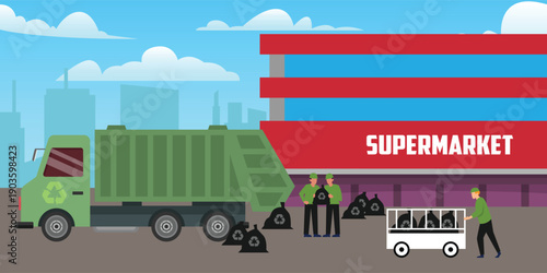 Recycling Garbage Truck and Workers Collecting Waste Bags at Supermarket Exterior 2d flat vector illustration