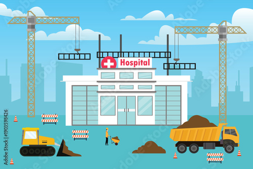 New Hospital Building Construction Site with Heavy Machinery Cranes and Excavator 2d flat vector illustration