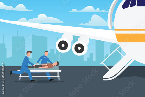 Medical Evacuation Concept: Paramedics Transporting Patient on Stretcher from Private Jet at Airport 2d flat vector illustration