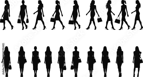 Set of Elegant Female Fashion Silhouettes Isolated on White Background Featuring Women in Dresses with Handbags Walking and Standing for Boutique Branding and Advertising