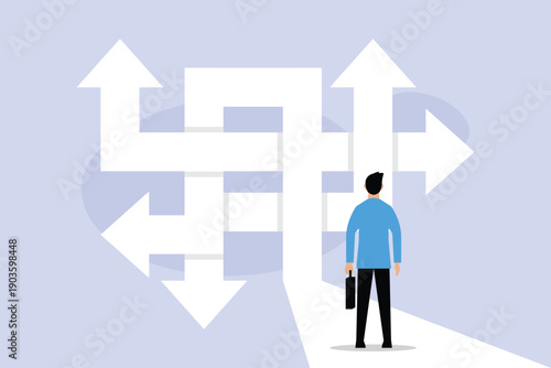 Businessman Facing Complex Path Choices and Directional Strategy 2d flat vector illustration