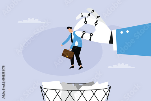AI Replacing Human Workers Concept: Giant Robotic Hand Throwing Businessman into Trash Can 2d flat vector illustration