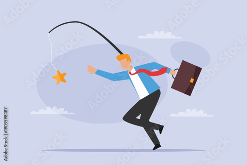 Businessman Chasing Star on Fishing Rod Concept: Self-Motivation and Goal Achievement 2d flat vector illustration