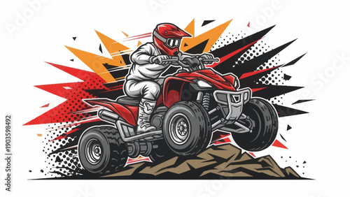 Atv rider on red quad bike with explosive graphic vector illustration