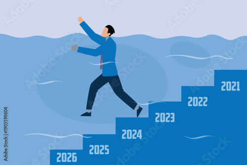 Businessman Sinking in Water While Climbing Stairs Marked with Years 2d flat vector illustration