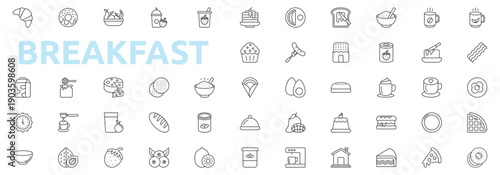 Breakfast icon set outline style with pancake, omelette, toast, cereal, coffee, tea, bacon, egg, waffle, bagel, croissant, donut, fruit, smoothie, yogurt icons