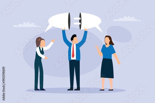 Workplace Communication and Mediation Concept: Businessman Connecting Speech Bubble Plugs Between Colleagues 2d flat vector illustration