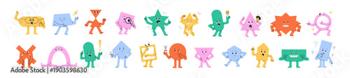 Cute geometric shapes set. Abstract maths figures with different emotions. Funny characters for school education with various hand gestures. Flat isolated vector illustrations on white background.
