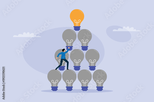 Businessman Climbing Light Bulb Pyramid to Reach Glowing Best Idea and Innovation 2d flat vector illustration