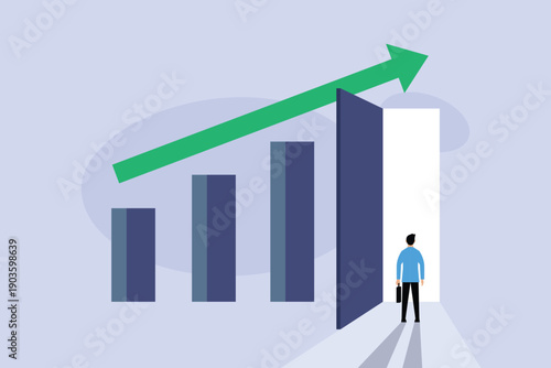 Businessman Entering Open Door to Financial Success and Upward Business Growth Bar Chart Concept 2d flat vector illustration