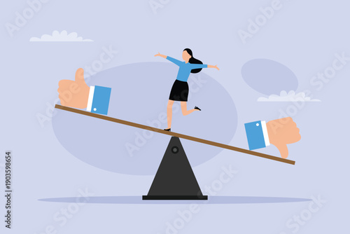 Businesswoman Balancing on Seesaw with Thumbs Up and Thumbs Down Feedback 2d flat vector illustration