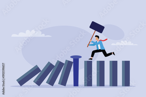 Businessman Stopping Domino Effect Concept: Crisis Management and Risk Prevention 2d flat vector illustration
