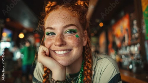 A smiling young woman with orange braids and bright green makeup sits at a table in a bar. Concept for celebrating St. Patrick's Day in an Irish pub