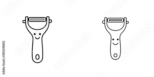 Minimalist vector icon of a delightful kitchen peeler, featuring a friendly smile for a cheerful food preparation experience