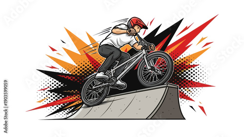 Bmx rider performing stunt on ramp isolated graphic illustration