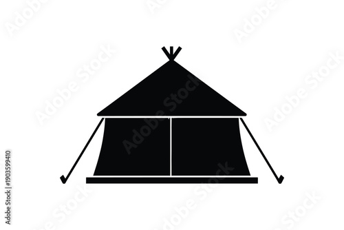 Tent icon or logo isolated on a white background, camping shelter silhouette, black and white image