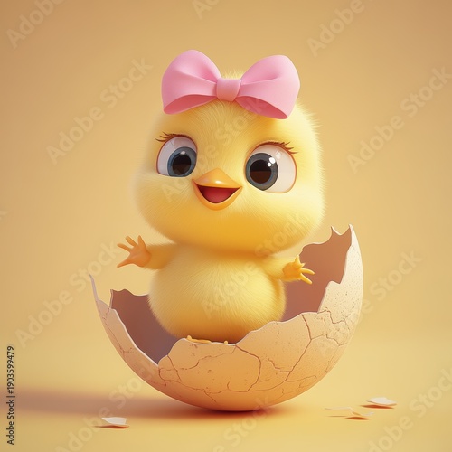 Adorable 3D Render of a Fluffy Yellow Chick with Pink Polka Dot Bow Hatching from Egg
