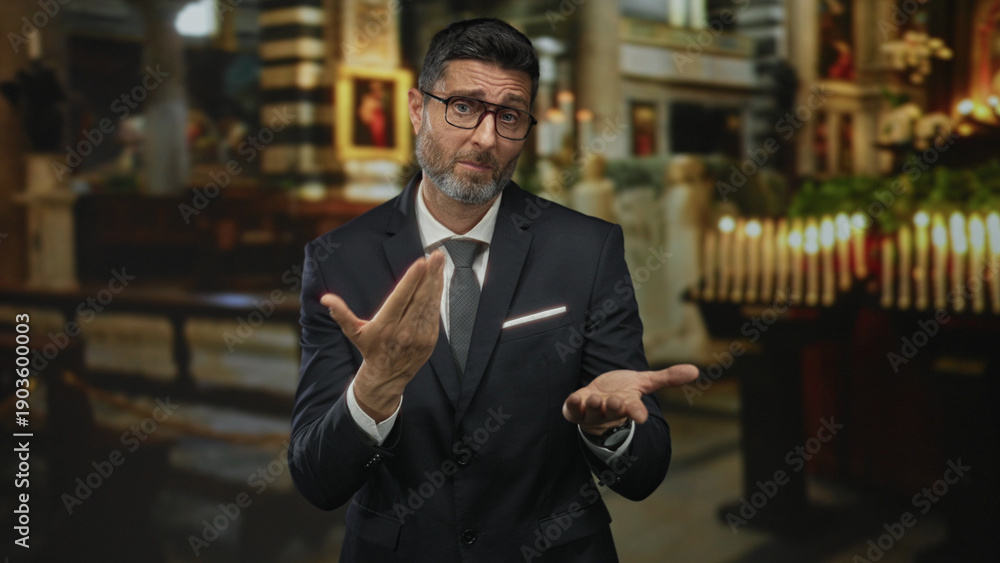 Fototapeta premium Man in dark suit and tie gestures with palms up and hand to chest inside ornate church building with candles and pews; pleading faith.