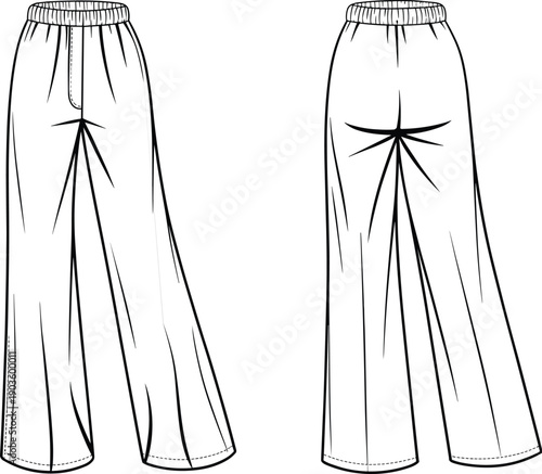 Flat fashion technical sketch of women wide leg drawstring trousers with elastic waistband front and back view outline template isolated on white background