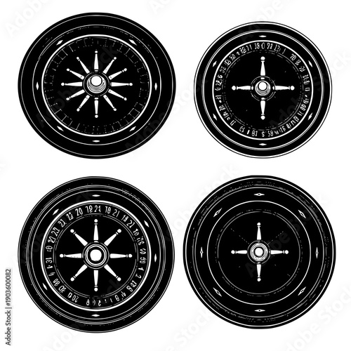 Outline roulette and fortune wheel icon black vector line art set