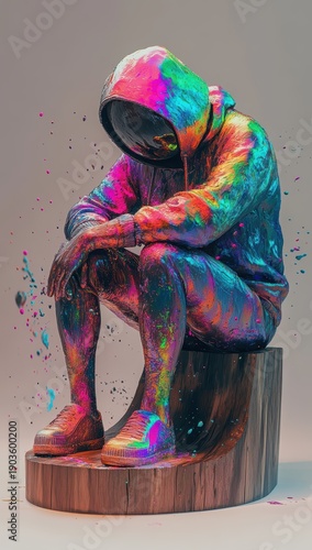 Modern Street Art Sculpture of a Seated Figure in Hoodie with Pastel Rainbow Gradient Tones
