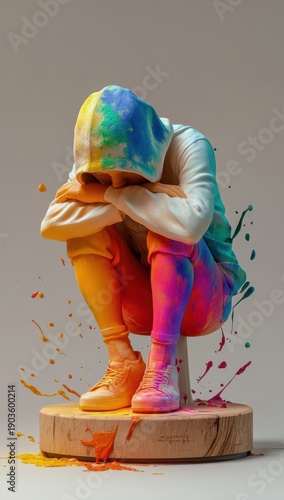 Modern Street Art Sculpture of a Seated Figure in Hoodie with Pastel Rainbow Gradient Tones
