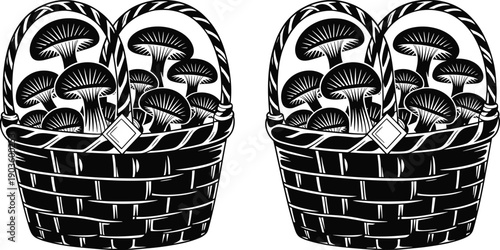 Black and white vector silhouette set of wicker baskets filled with wild forest mushrooms for autumn harvest nature themes and organic food branding,