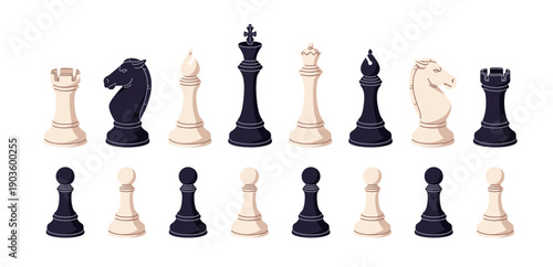 Set of black and white chess pieces. Different chessmen: pawns, knights, king, queen, bishops, rooks. Board game on chessboard with forms. Flat isolated vector illustrations on white background.