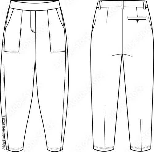 Black and white vector technical sketch of front and back views of high waisted baggy trousers with pockets for fashion design and apparel production,
